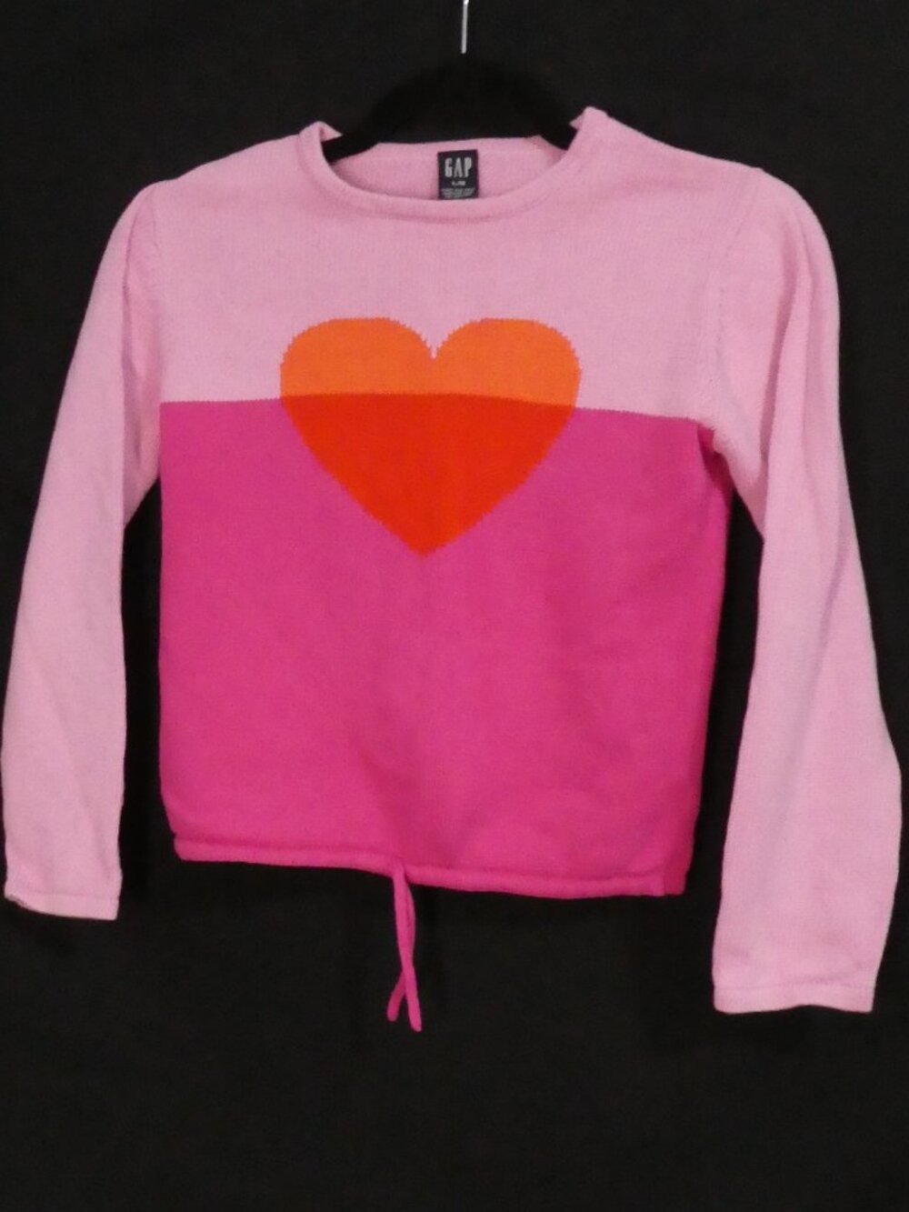 Y2K GAP Kids Girls Pink Orange Colorblock Knit Heart Drawstring Sweater - large